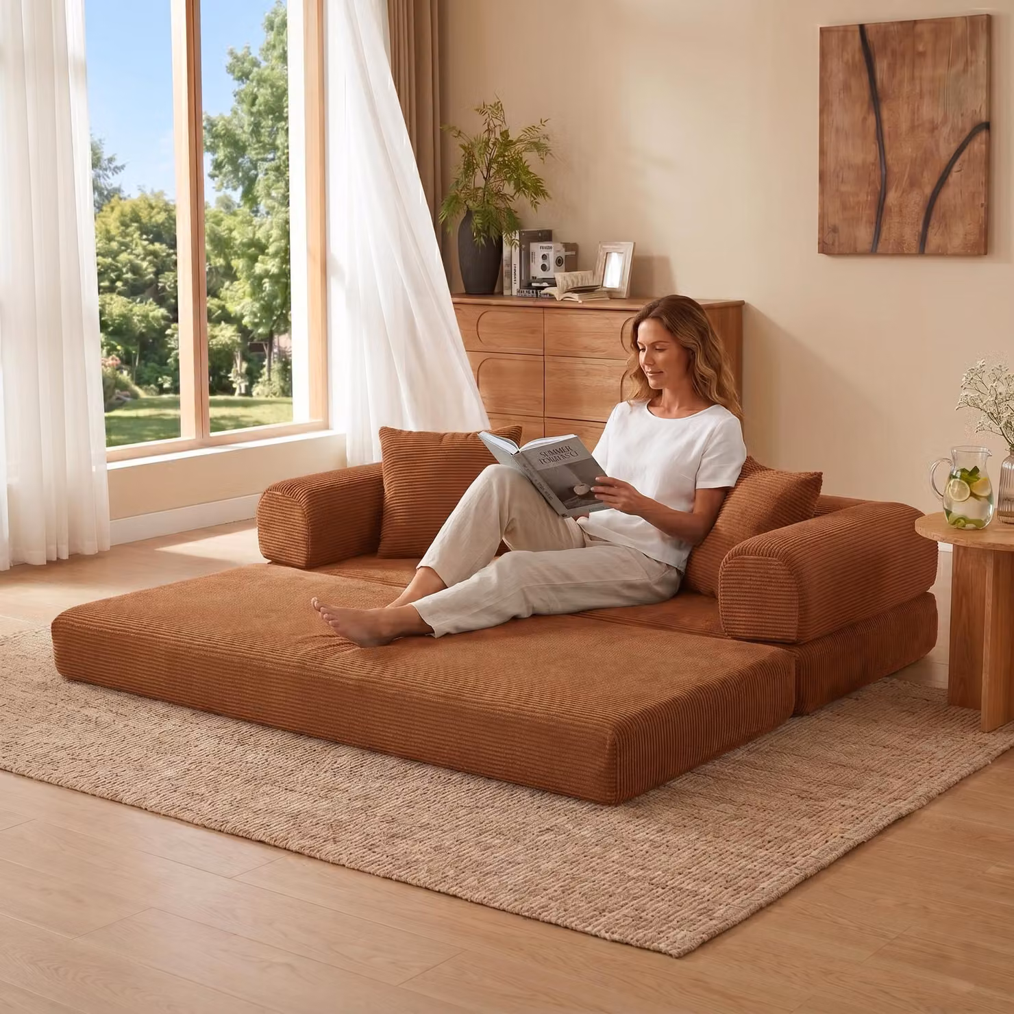 LVHOM Divano letto 2 in 1 pieghevole in velluto a coste, divano senza montaggio, letto per ospiti Divano letto per soggiorno e camera dei ragazzi, 195x89x59, terracotta