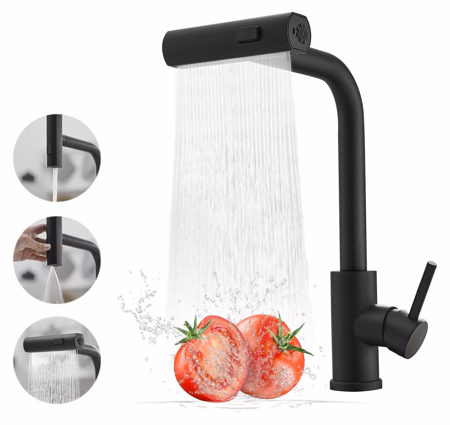 Miscelatore da cucina a cascata, nero, estraibile, con 3 modalità, girevole a 360°, attacco G1/2