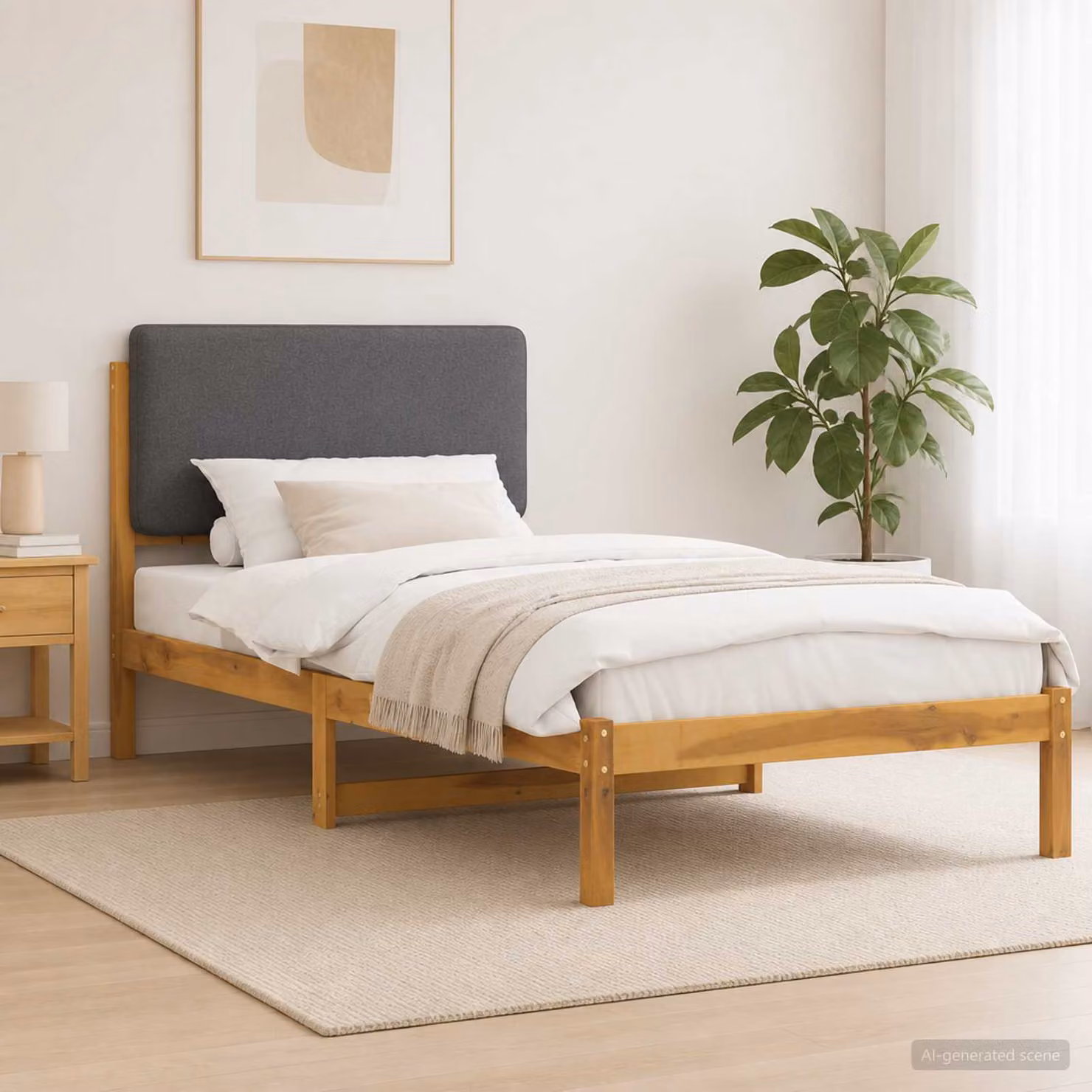 Letto con testiera rivestita vidaXL in legno di acacia e tessuto, Bianco lavato e Grigio chiaro, L: 140 cm, P: 85 cm, H: 196 cm