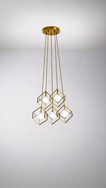 Sospensione in metallo oro opaco con diffusore sferico in vetro bianco, diametro 55 cm, 5xG9 max 28W, stile moderno ed elegante - Perenz