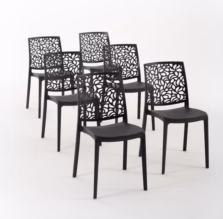 set di 6 sedie impilabili in polipropilene con fibra di vetro per uso esterno e giardino, bar e ristorante, cucina design moderno - ANNA - Nero