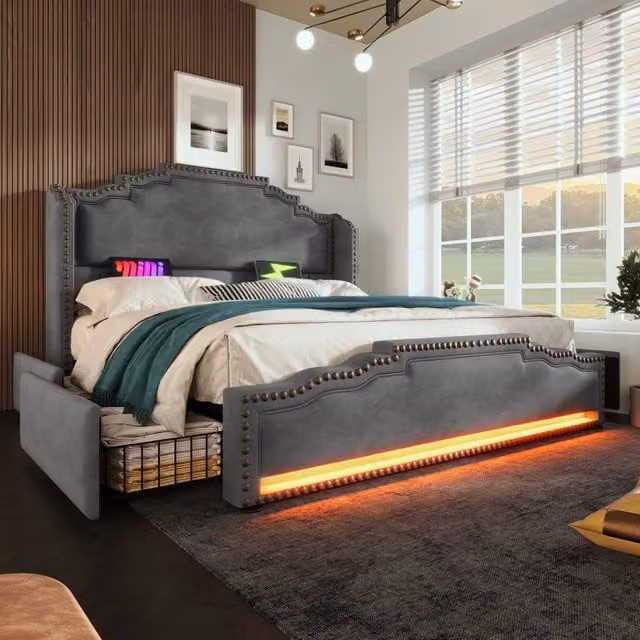 Letto 180x200 cm con 4 cassetti; LED e porte USB e Type-C in velluto grigio