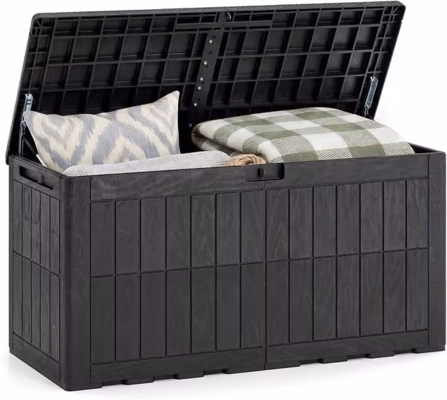 Cassapanca contenitore antintemperie con coperchio e foro per serratura Design In, ideale per giardino, piscina o soggiorno, Nero opaco, 380/455L