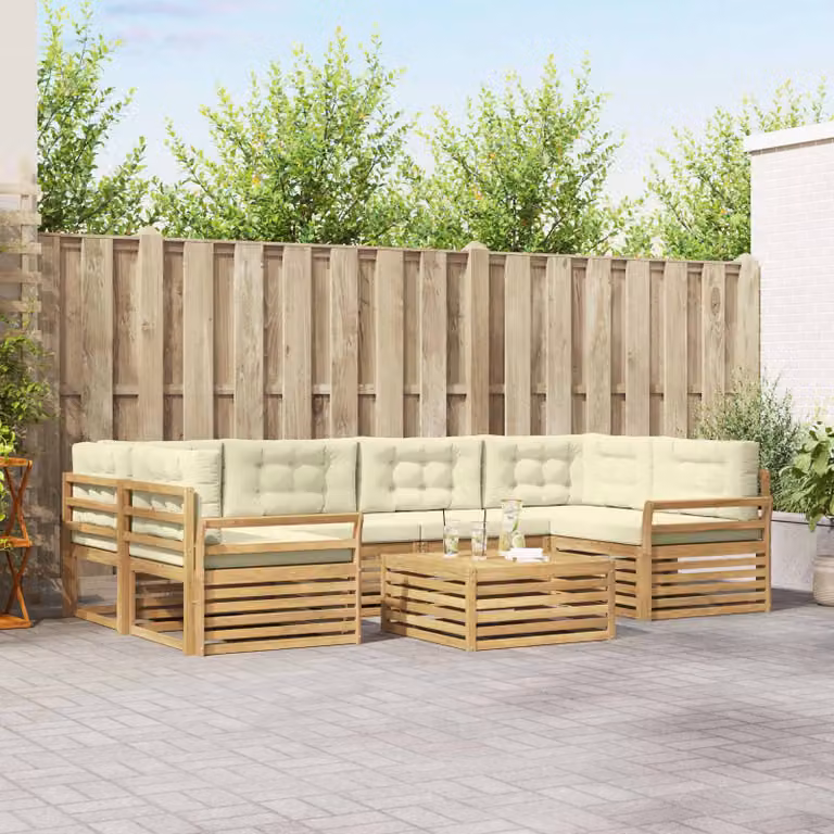 Set di divani da esterno vidaXL a forma di L composto da 7 pezzi con tavolo da caffè, in legno di acacia con cuscini bianchi e beige