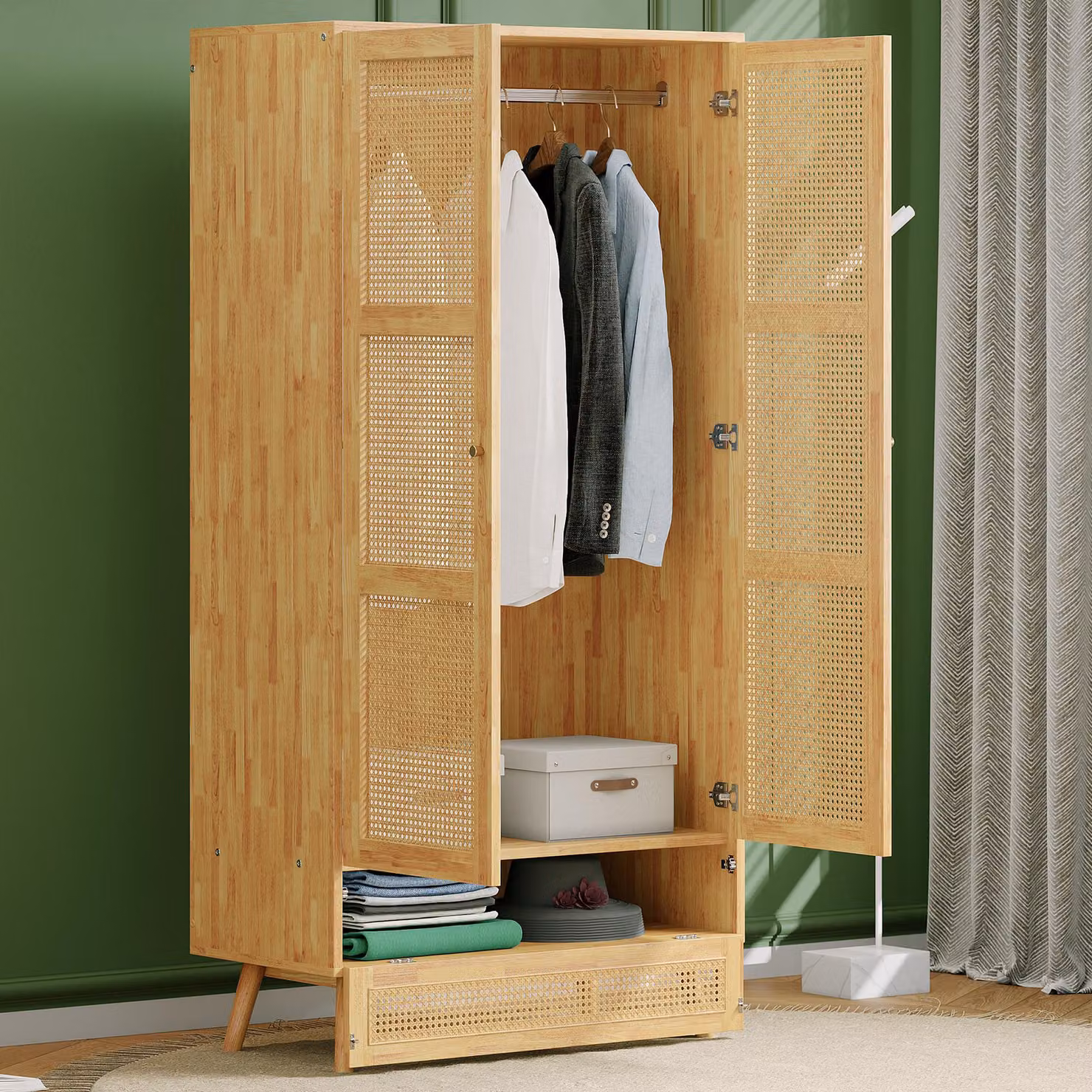 okwish Armadio con asta, armadio a due ante, camera da letto, rete in rattan, soggiorno, con coperchio inferiore incernierato, truciolato + rattan PE, naturale