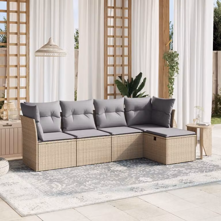 Set Divano da Giardino a L vidaXL 5 pz con Cuscini Beige e Grigio in Polyrattan e Acciaio