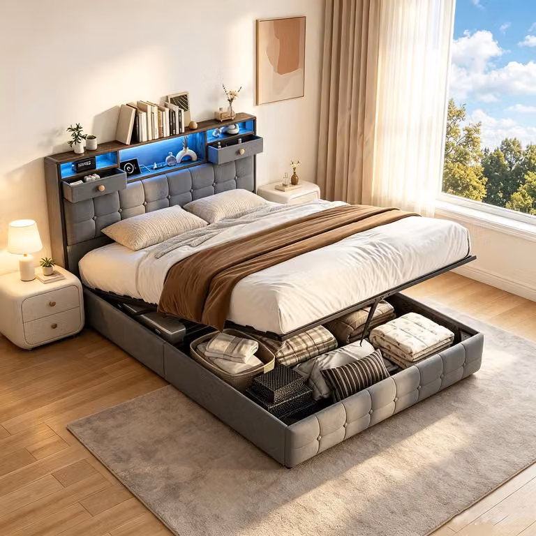 Letto imbottito con boxspring INONEFT, dimensioni 160x200, con illuminazione LED e porte USB/C, letto idraulico con spazio contenitore, struttura per letto matrimoniale con rete a molle, rivestito in velluto, colore grigio