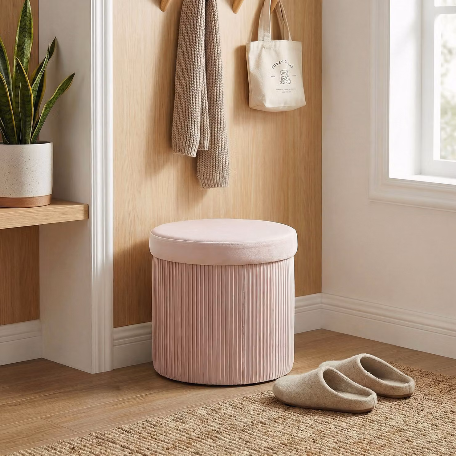 Pouf Contenitore Rotondo HOMCOM in Velluto Rosa con Capacità 35 L, L/P/H: 38 x 38 x 38 cm – 2