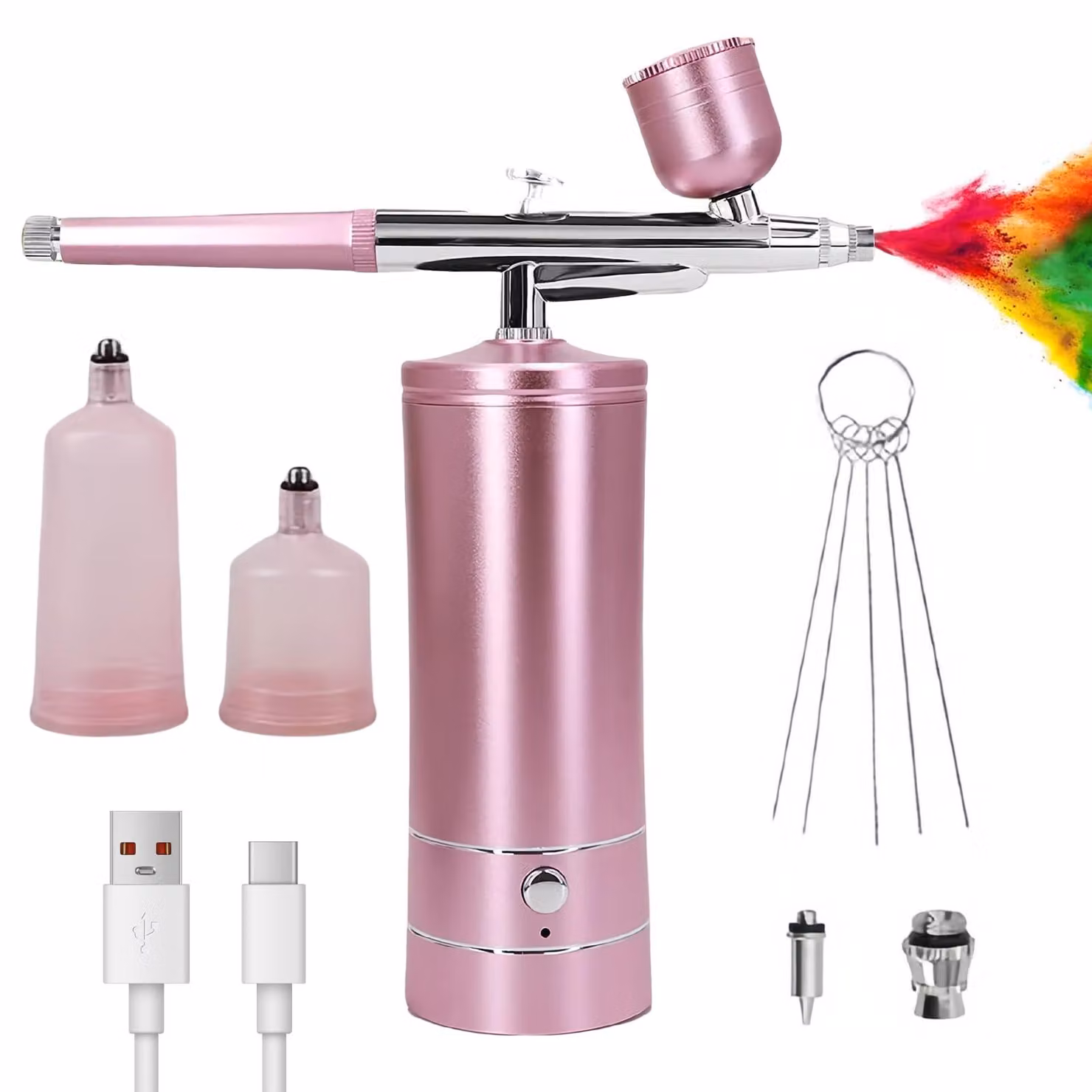 Kit per aerografo con compressore, portatile, ricaricabile, ugello da 0,3 mm, colore rosa