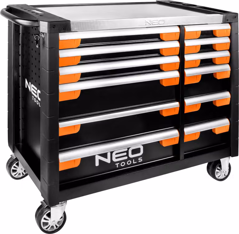 Armadio da lavoro NEO TOOLS PRO, 12 cassetti; portata 600 kg; piano con ripiani per cacciaviti e accessori; paracolpi angolari; maniglia laterale; serratura per cassetti; chiusura centralizzata + 2 chiavi