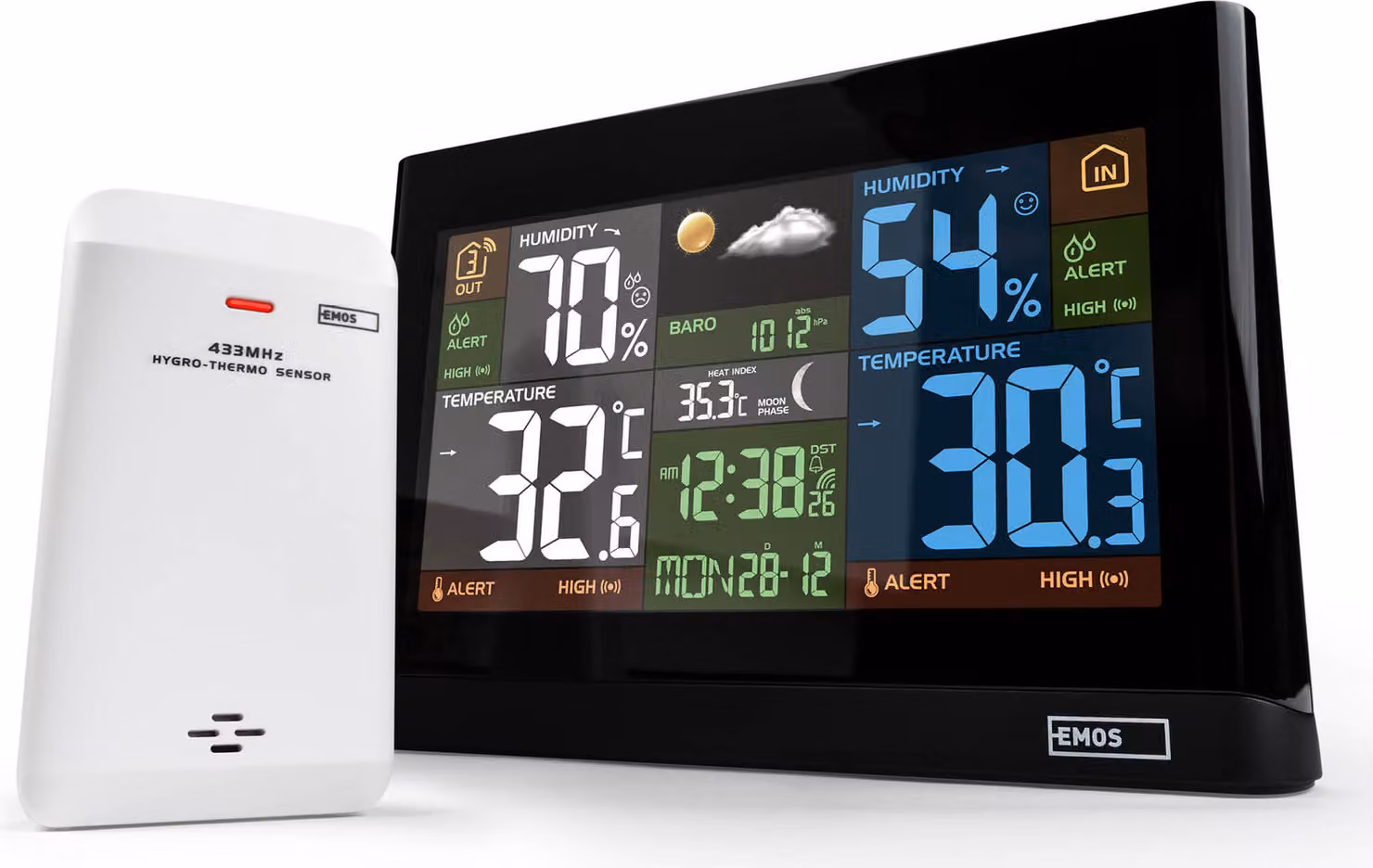 Stazione meteorologica EMOS - Sistema wireless con display a colori, per previsioni del tempo, per interni ed esterni - Monitoraggio di ora, data, temperatura, umidità, pressione atmosferica - Previsioni a 12-24 ore