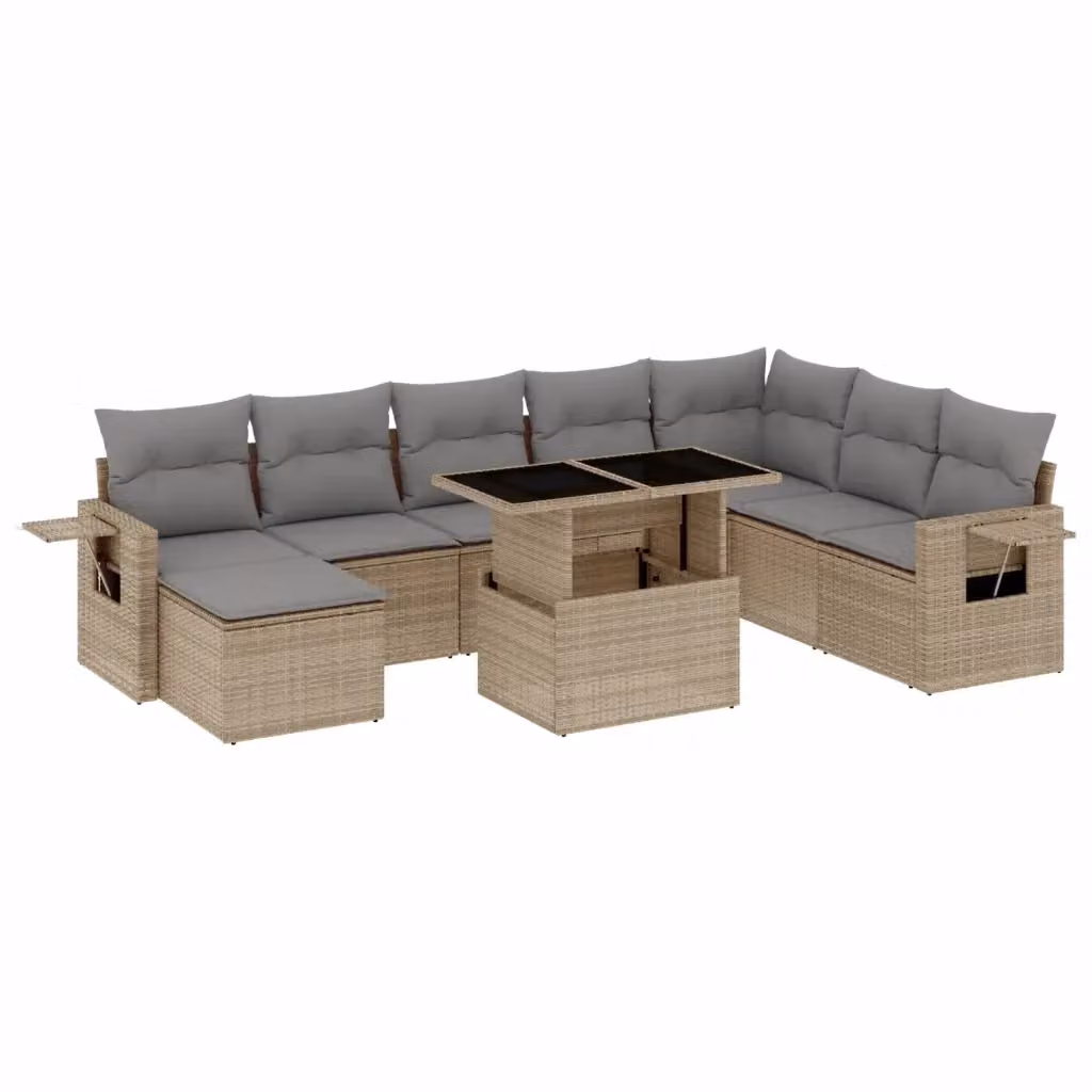 vidaXL Set Divano da Giardino 9 pz a Forma a L con Cuscini Beige e Grigio in Polyrattan e Acciaio – 2