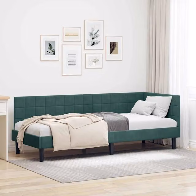 Cornice del letto ad angolo vidaXL in velluto verde con struttura in legno, L: 200 cm, P: 80 cm, H: 84 cm