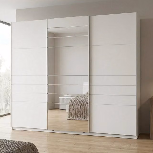 Armadio da camera da letto Carasco DMORA con ante scorrevoli e specchio, Bianco Opaco, L: 262.5 cm, H: 224 cm