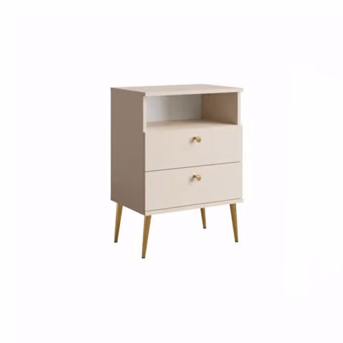 Comodino con 2 Cassetti e Vanetto - Beige con Piedi in Metallo Dorato - Collezione Aurora