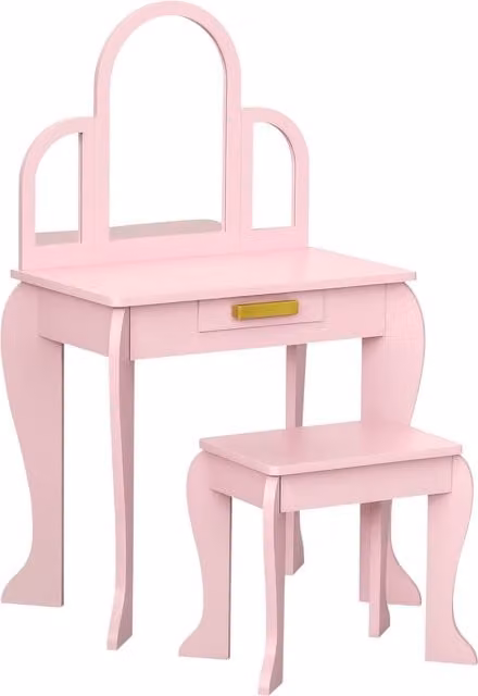 Set da trucco HOMCOM per bambine dai 3 ai 6 anni con sgabello, specchio e cassetti, in legno di pino e MDF, colore rosa