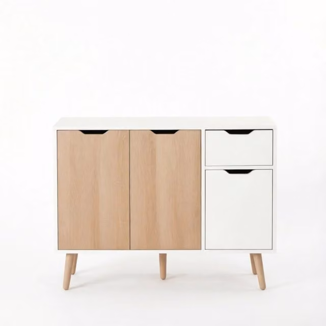 Credenza per soggiorno con 2 ante e 1 cassetto in stile scandinavo, bianco e rovere chiaro, L 90 cm, P 30 cm, H 72 cm