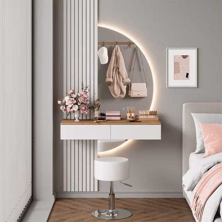 Tavolo da toeletta Vicco Melina Bianco/Rovere 100 cm con specchio LED e sgabello, Model 58448