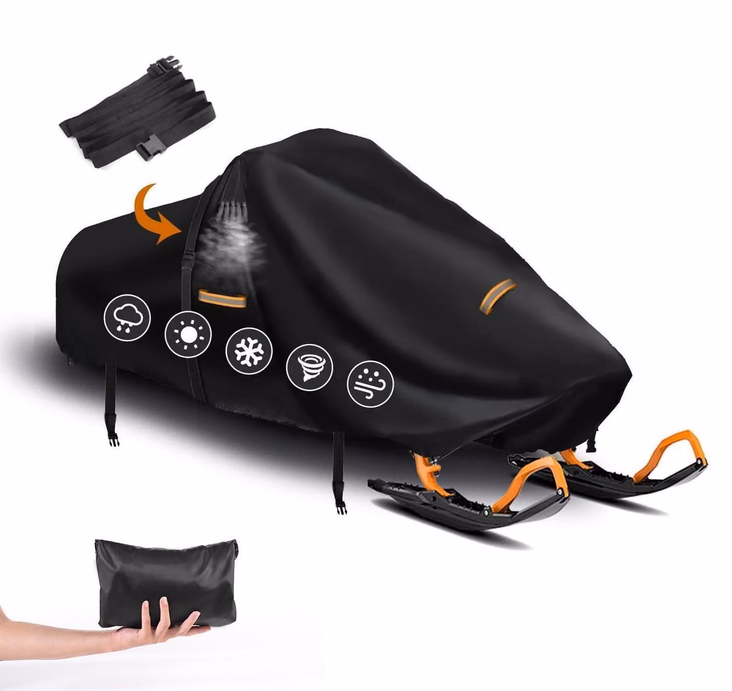 Copertura impermeabile per motoslitta, realizzata in tessuto Oxford 420D, con aperture di ventilazione e fibbie antivento, colore nero