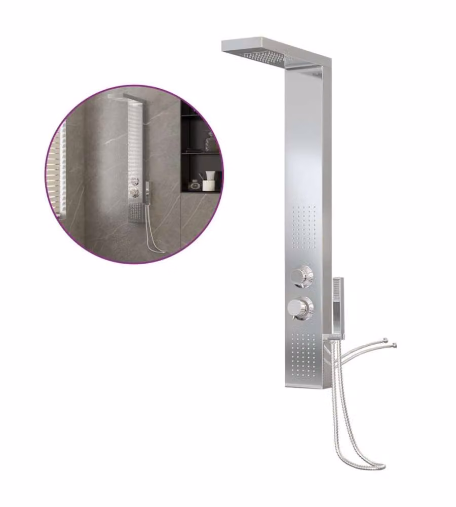 Pannello Doccia vidaXL in Acciaio Inossidabile con Doccino a Mano e Funzioni Rain e Massage, Colore Argento Spazzolato, L: 47,0 cm, P: 15,0 cm, H: 114,0 cm – 2