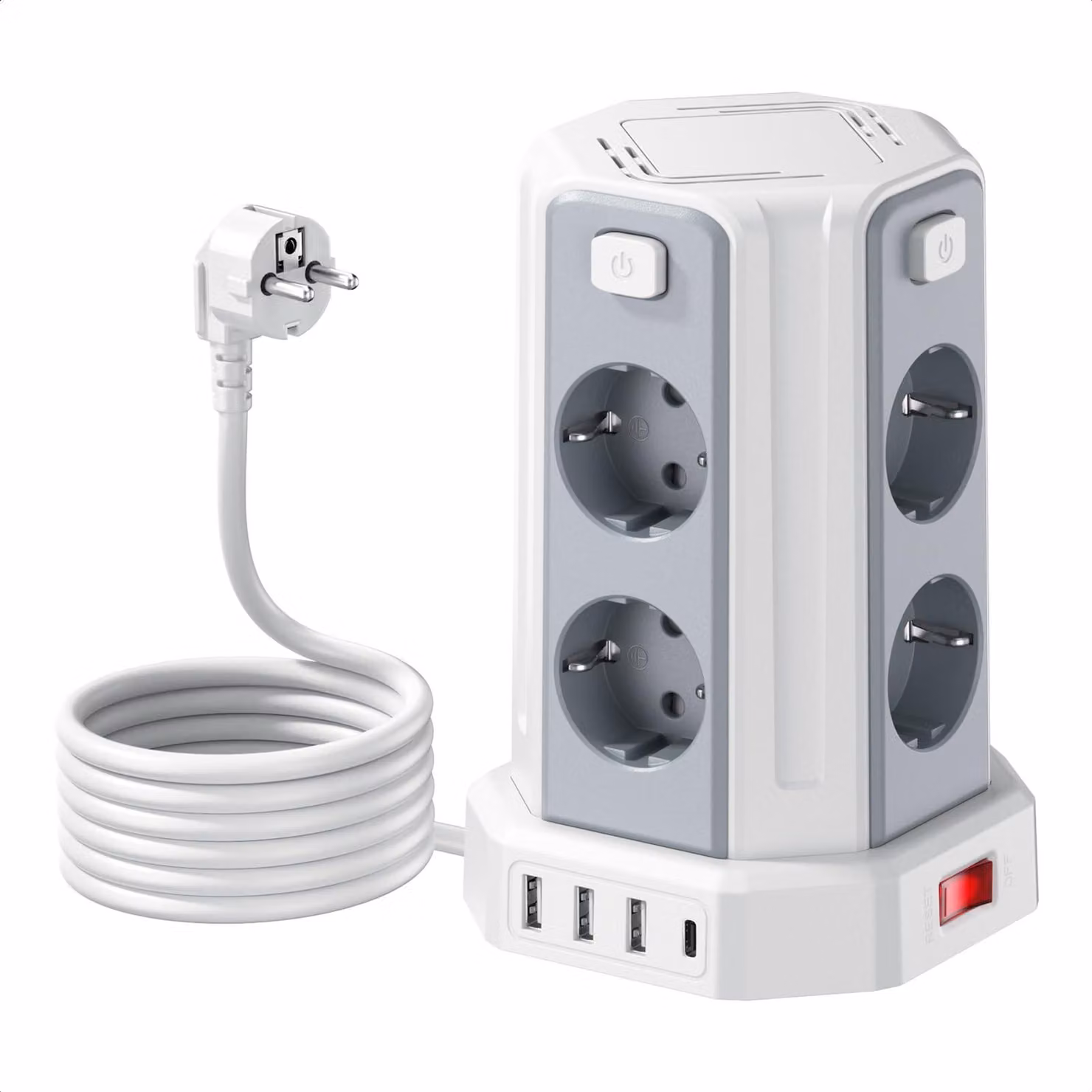 Ciabatta multipresa con 4 porte USB, 8 prese, protezione da sovratensione, ciabatta con 4 prese individualmente controllabili, cavo di prolunga da 3 metri, multipresa a torre per uso domestico e ufficio
