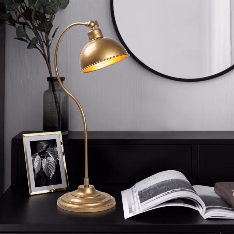 Opviq, lampada da tavolo di alta qualità, struttura in metallo, color oro, 19 x 29 x 58 cm | IP20, attacco E27, max. 40 W, cavo da 200 cm | Design elegante e industriale per ambienti moderni.