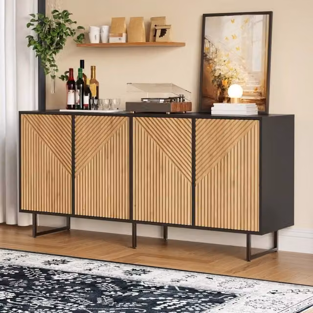 Madia da soggiorno moderna Mivray con 4 ante a righe, legno naturale e nero, L: 160 cm, P: 40 cm, H: 75 cm