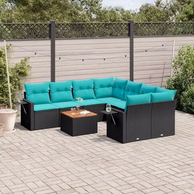 Set Divani da Giardino 9 pz con Cuscini Nero in Polyrattan 3224489