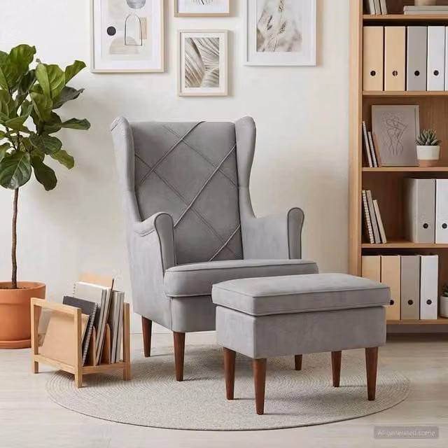 Set Poltrona con Ottoman vidaXL in Velluto Grigio con Braccioli e Struttura Moderna