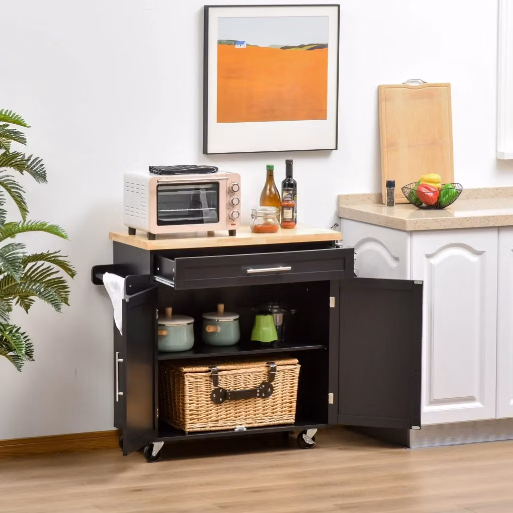 EasyComfort Carrello da Cucina Multiuso Nero con Piano in Legno di Caucciù, Cassetto, Portaspezie e Armadietto, L/P/H: 109 x 40 x 89 cm – 2