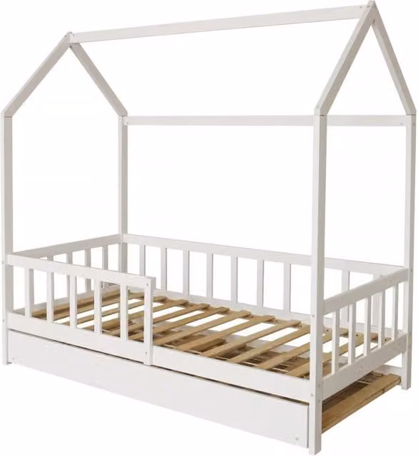 Letto a capanna per bambini Paloma in legno di pino con cassetto, Bianco, L/P/H: 190 x 90 x 197,5 cm