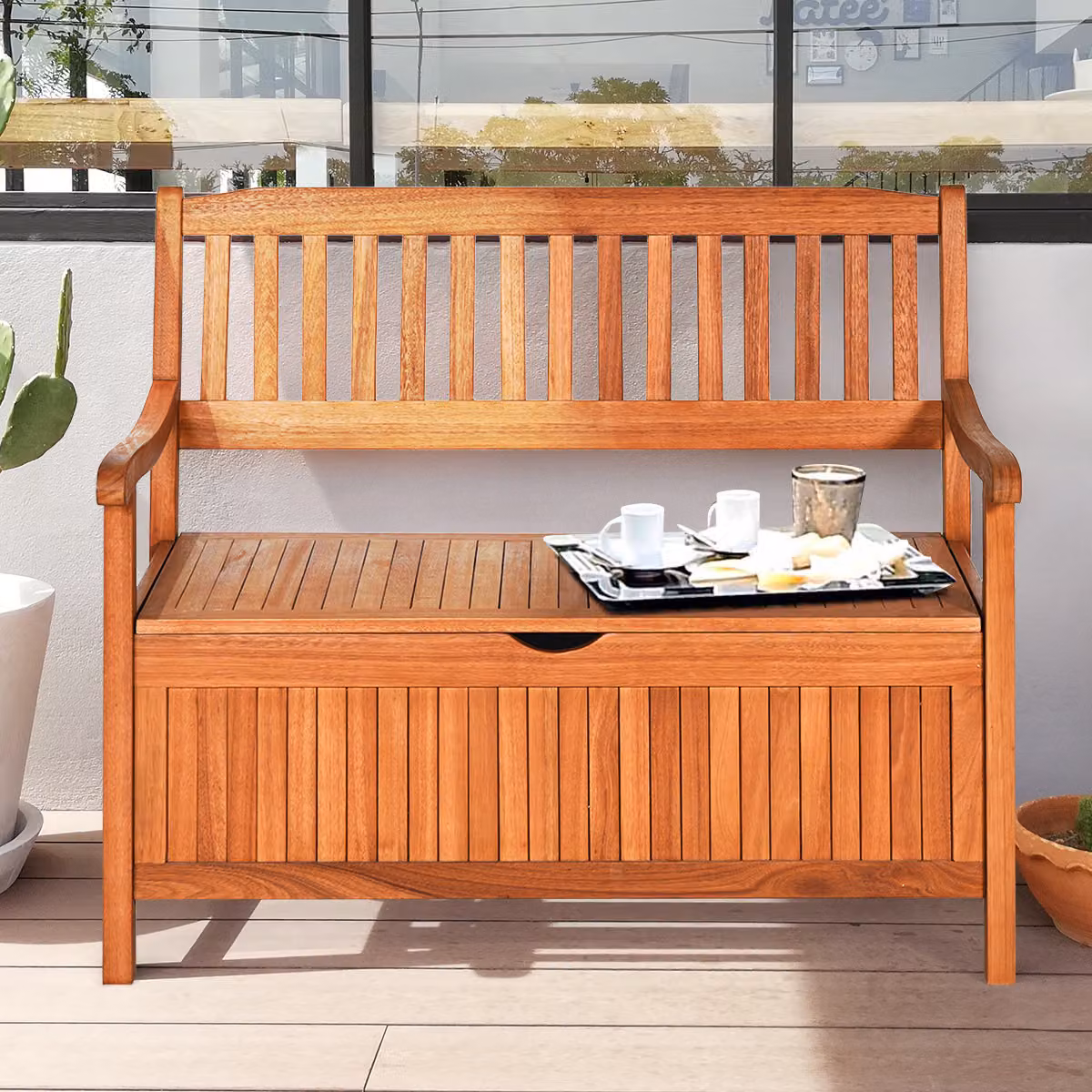 Panchina contenitore in legno Costway per esterno e ingresso, colore marrone con vano porta cuscini rimovibile