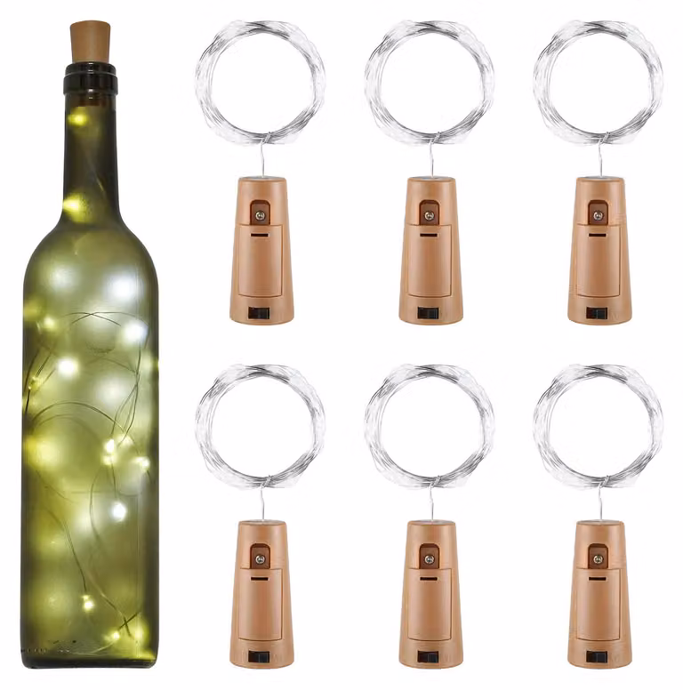 Catena luminosa a LED per bottiglie, confezione da 6 pezzi, 20 LED, 2 metri, luce bianca fredda, alimentazione a batteria