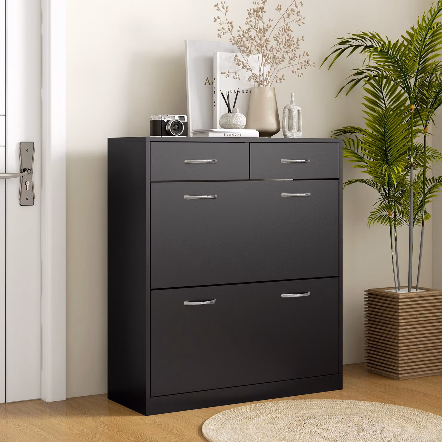 Scarpiera moderna HOMCOM in legno nero con 2 cassetti e scomparti inclinabili per 12 paia di scarpe, L: 80 cm, P: 30 cm, H: 91.5 cm – 2