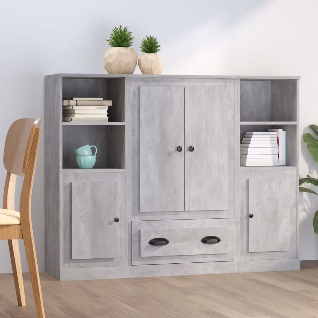 Set di 3 credenze vidaXL in legno multistrato e MDF, colore grigio cemento, stile minimalista
