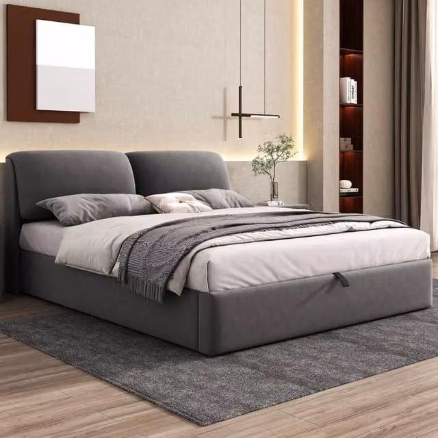 Letto imbottito WISHDOR in velluto grigio con contenitore e rete a doghe L/P: 160 x 200 cm