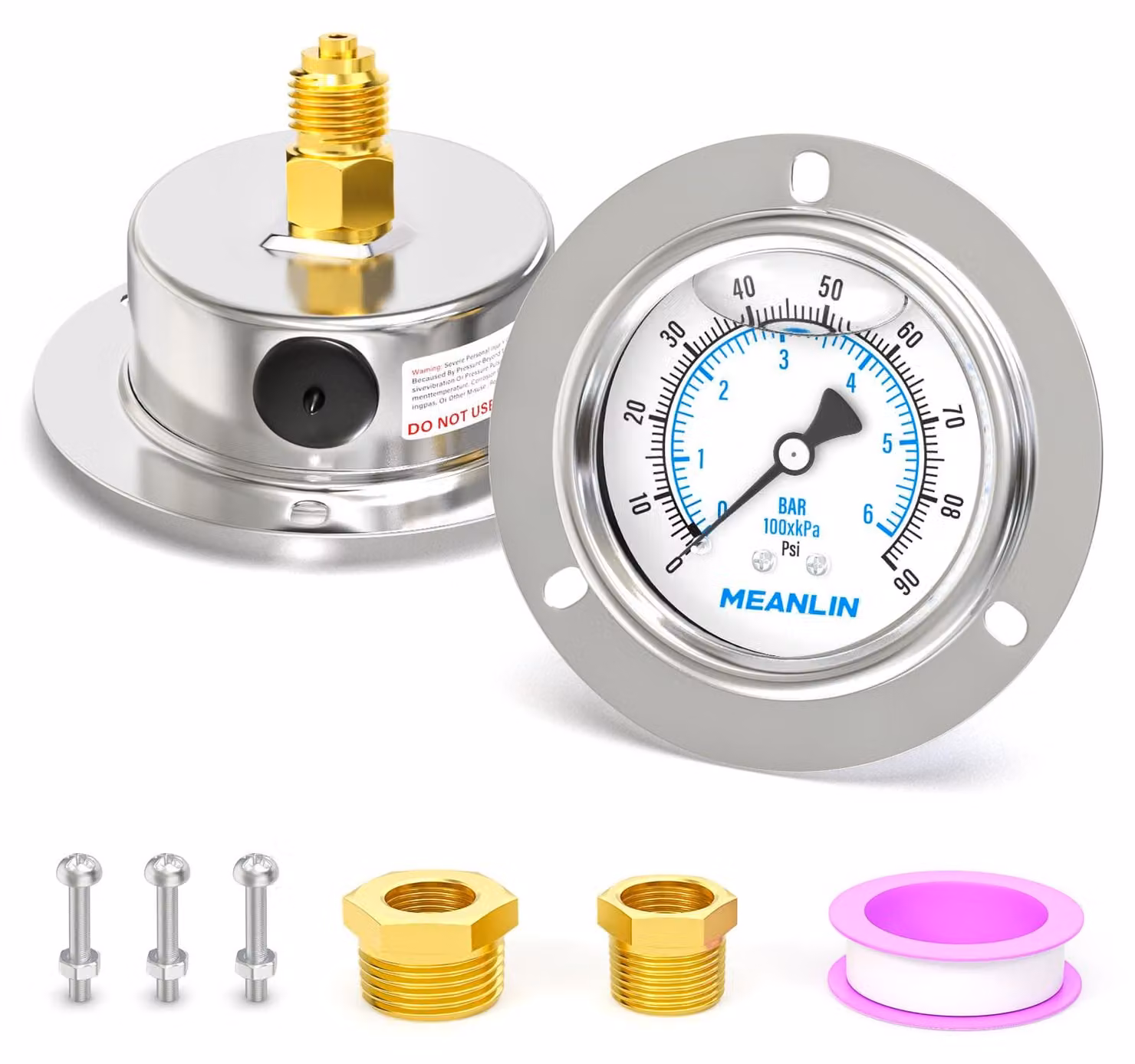 Manometro da 0 a 6 BAR, attacco 1/4" BSP, flangia frontale, acciaio inossidabile, precisione ±3-2-3 %