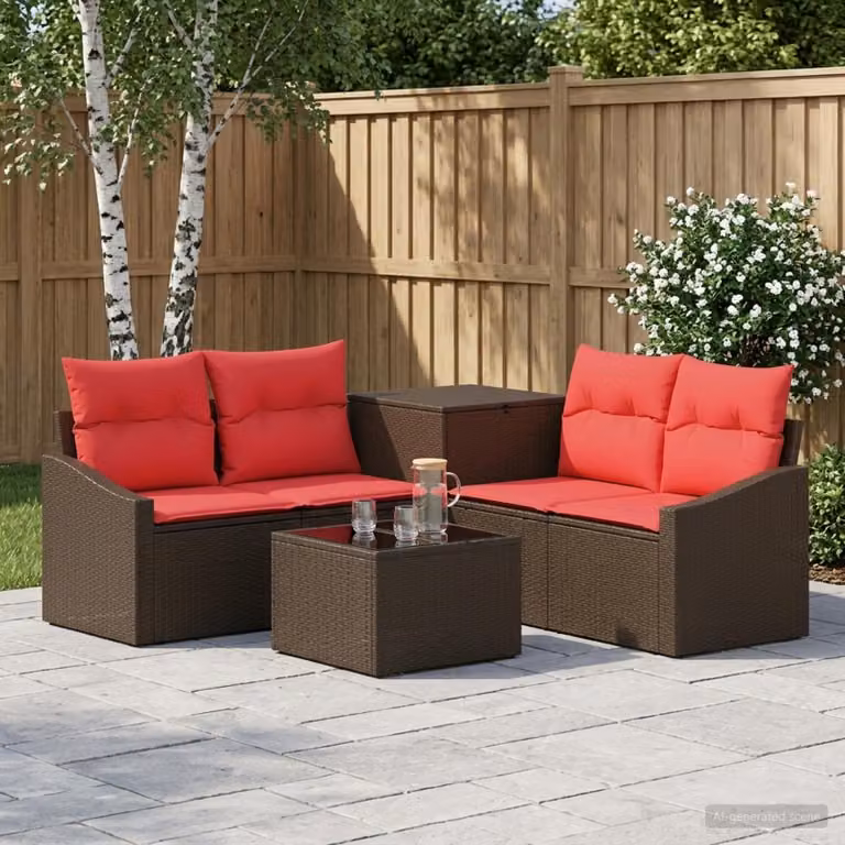 Set di divani da giardino vidaXL a forma di L composto da 6 pezzi con tavolino e cuscini, colore marrone e rosso, in rattan e acciaio verniciato a polvere