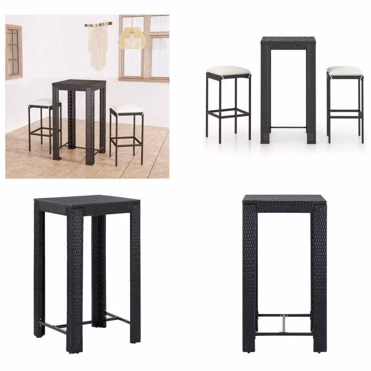 vidaXL Set bar da giardino 3 pezzi con cuscini in poly rattan nero - Set da bar - Set da bar - Tavolo e sgabelli da bar - Tavolo da bar