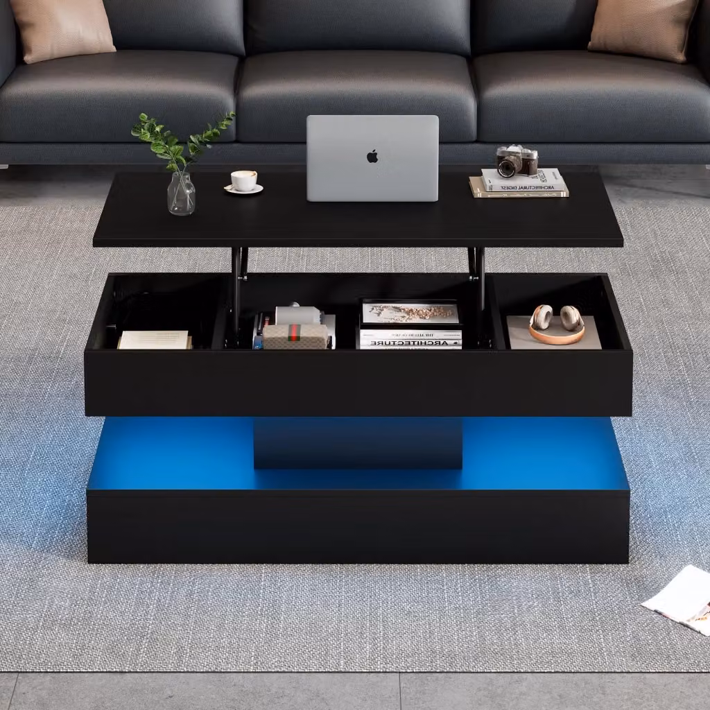 Tavolino basso OKWISH nero con meccanismo sollevabile, vano contenitore e finitura opaca, L: 100 cm, P: 50 cm, H: 42 cm – 2