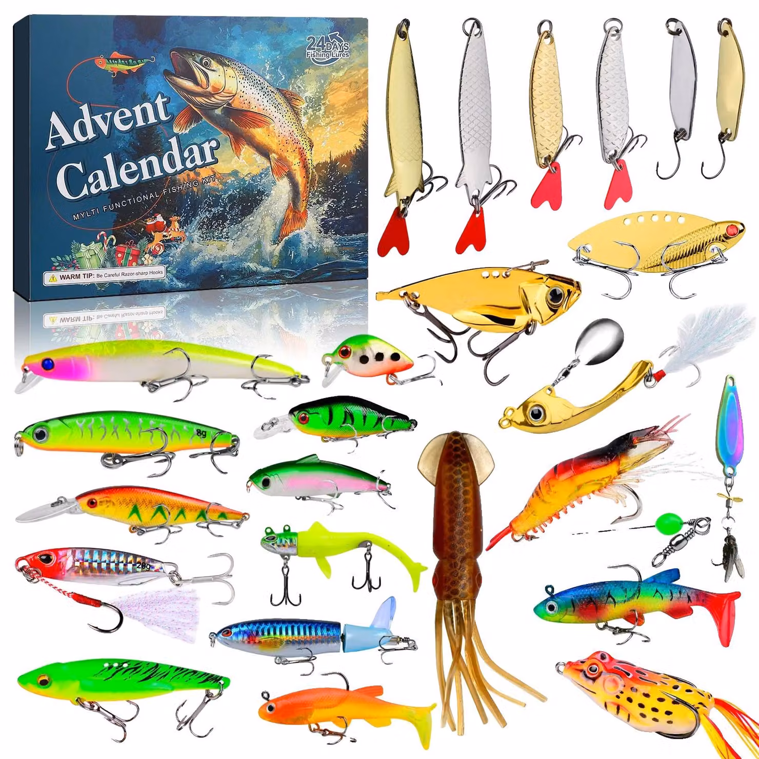Calendario dell'Avvento Angelköder, con 24 esche uniche, perfetto per pescatori, confezione da 24 pezzi
