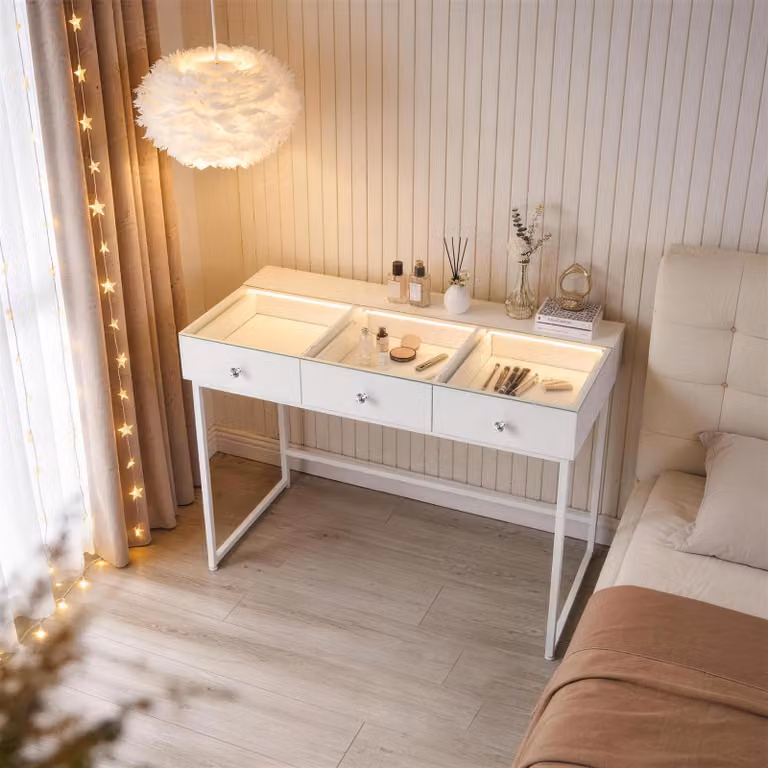 Tavolino da trucco VANITII con illuminazione LED, 3 cassetti, bianco, 115 x 55 x 81 cm