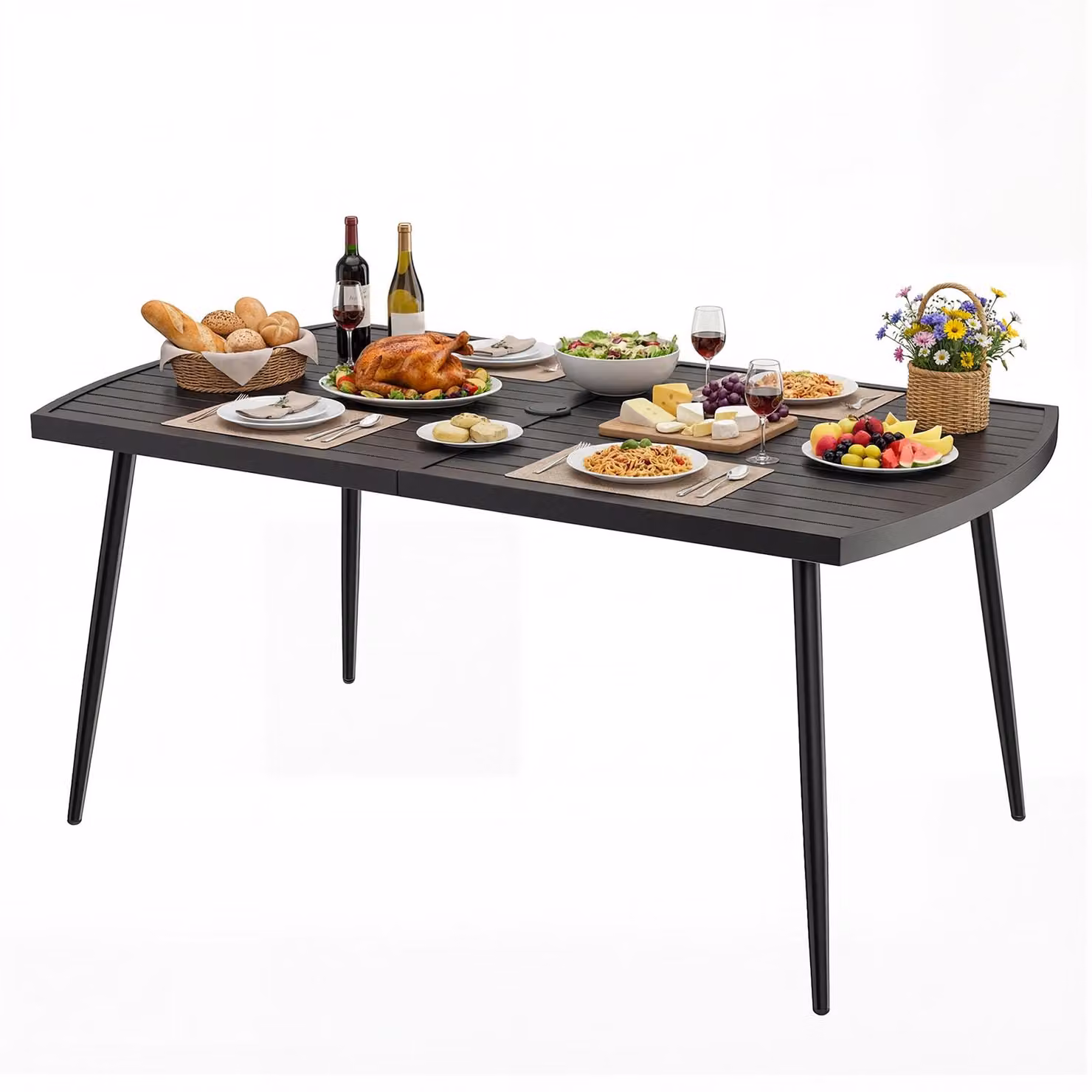 COSTWAY Tavolo da giardino in metallo per 6 persone 160x90 cm, tavolo da terrazza resistente alle intemperie con foro per ombrellone, tavolo rettangolare da balcone, tavolo da pranzo da esterno, nero