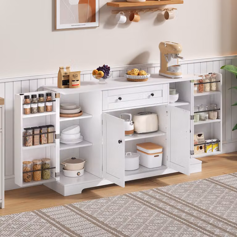 Flieks credenza da cucina, credenza da cucina a buffet con ripiani regolabili, mobile contenitore per cucina, soggiorno, sala da pranzo, bianco