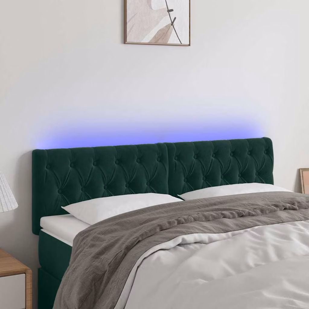 Testiera per letto vidaXL in velluto verde scuro con illuminazione LED e porta di ricarica USB, L 144 x P 7 x H 78/88 cm