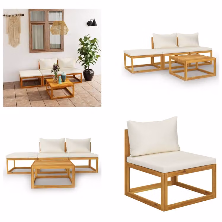 vidaXL Set salotto da giardino 4 pezzi con cuscini crema in legno massiccio di acacia - Set salotto da giardino - Set salotto da giardino - Set divano modulare - Set divano modulare