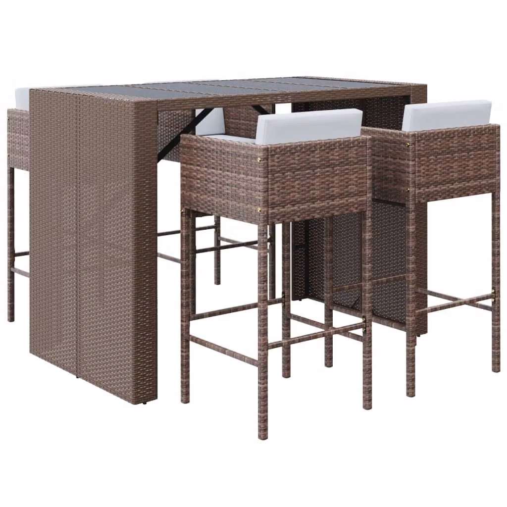 Set Bar da Giardino 5 pz con Cuscini in Polyrattan Marrone