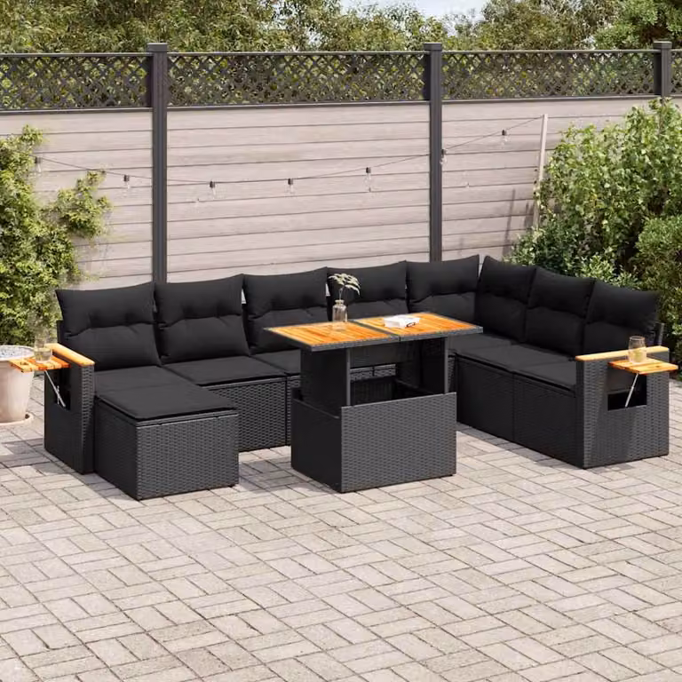Set di divani da giardino vidaXL 9 pz in polyrattan nero con cuscini e tavolino da esterno in legno di acacia