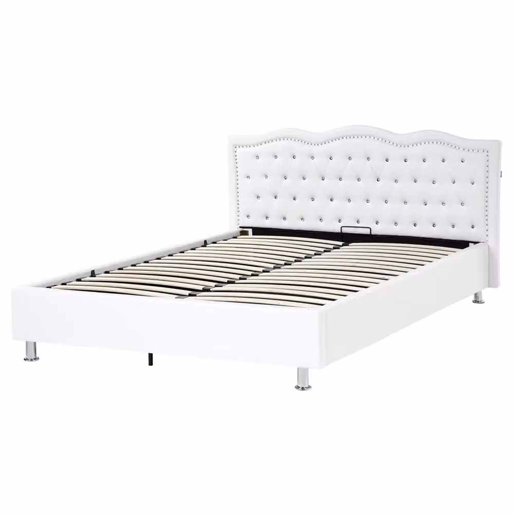Letto Beliani in Ecopelle Bianco con Struttura Imbottita, Poggiatesta con Bottoni in Cristallo e Base a Sollevamento, L/P/H: 160 x 200 x 92 cm – 2