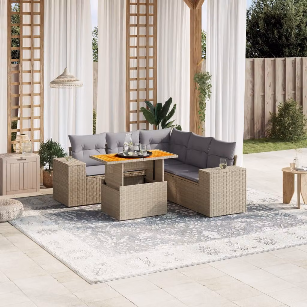 vidaXL Set Divano da Giardino a L da 6 pz in Polyrattan con Cuscini Beige e Tavolino da Esterno – 1